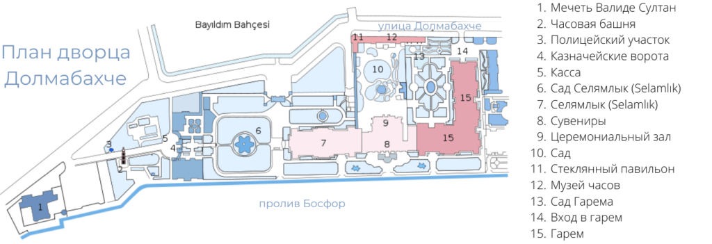 План на русском языке дворца Долмабахче в Стамбуле